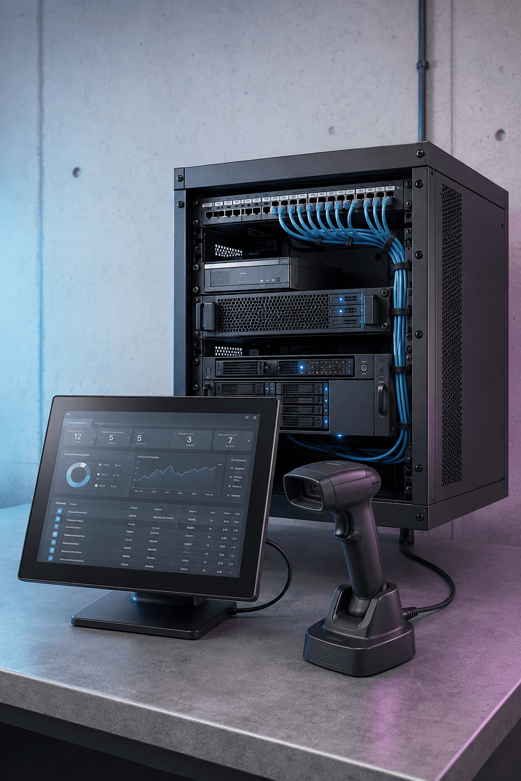 Illustrative connected business system with an installed network and server rack, barcode scanner, and inventory dashboard.