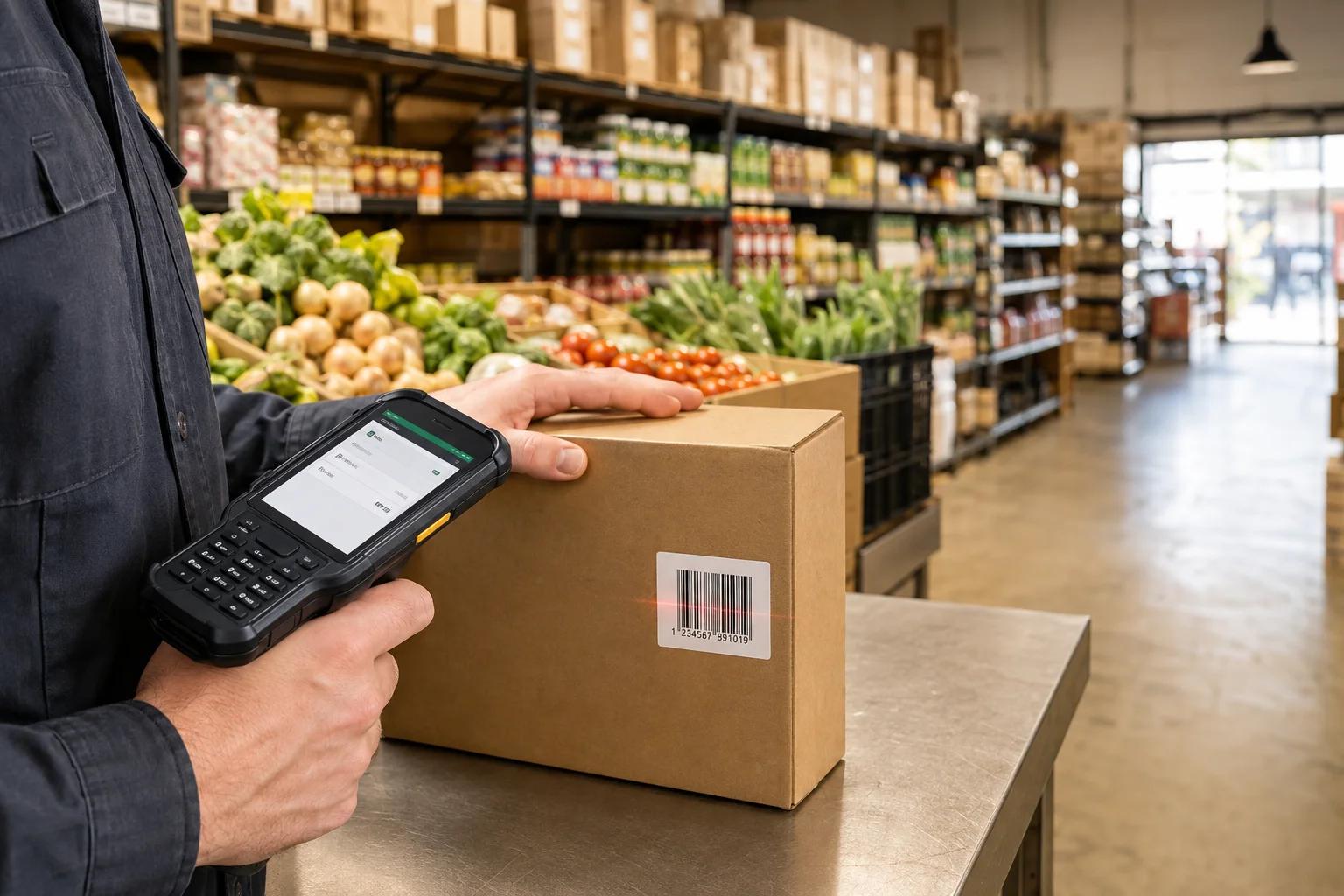 Concept illustration of a grocery worker scanning a carton with a rugged handheld inventory device.