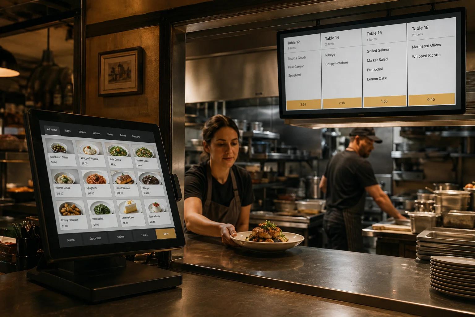 Illustrative restaurant POS and kitchen display working together at the service pass.