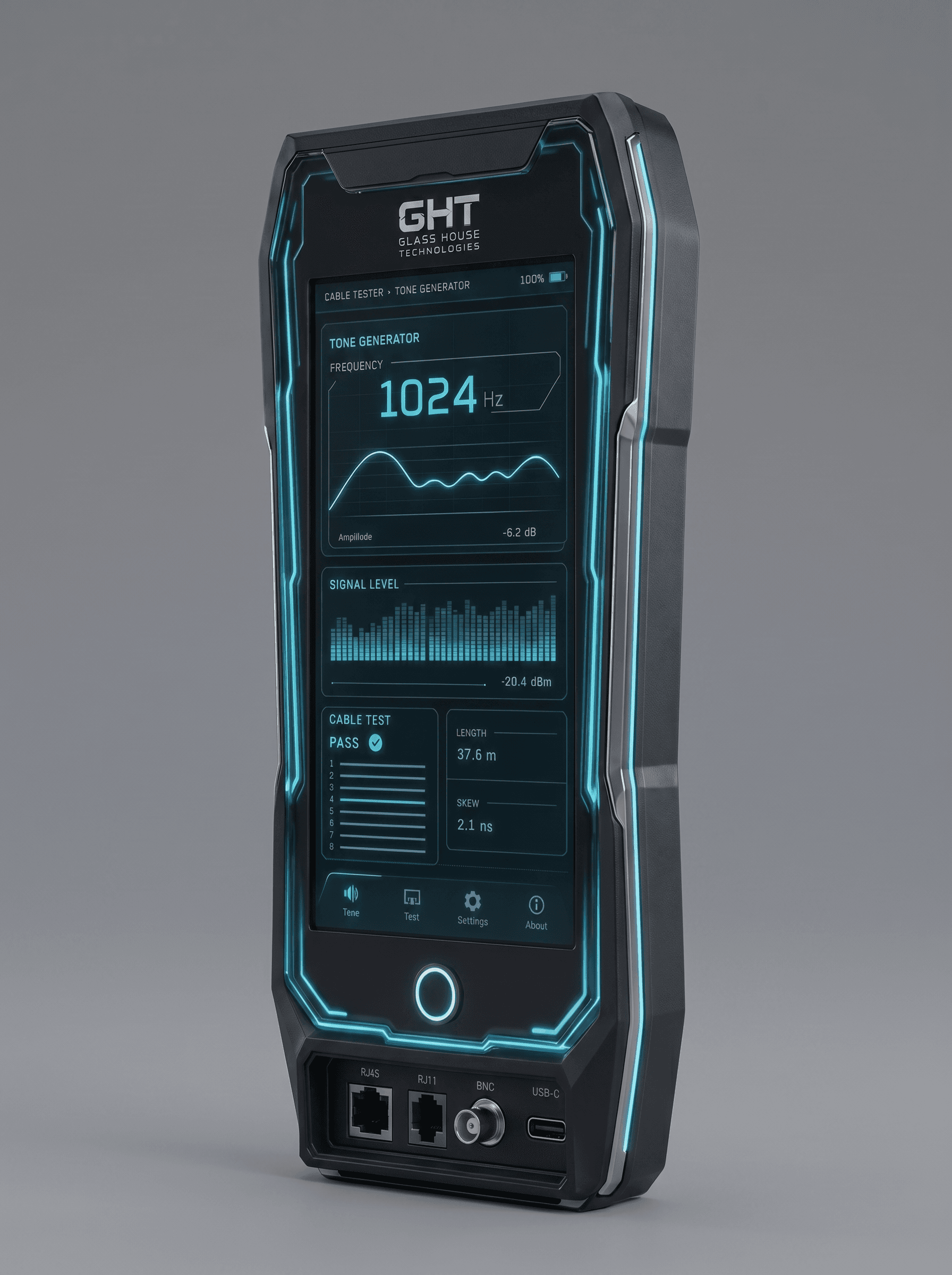CT-100 concept render showing the portrait touchscreen, illuminated home button and front connector bay