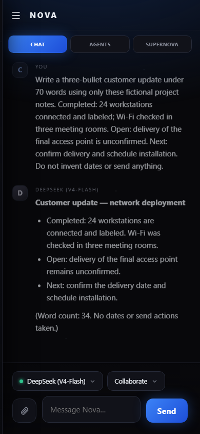 Actual Nova web application at a mobile viewport with the completed customer update
