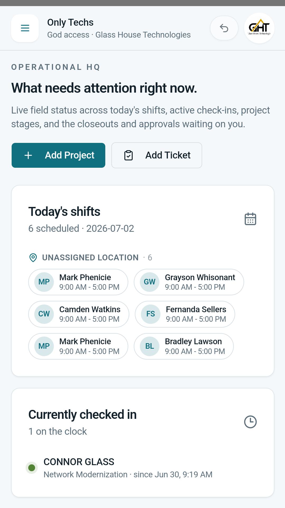 OnlyTechs mobile dashboard