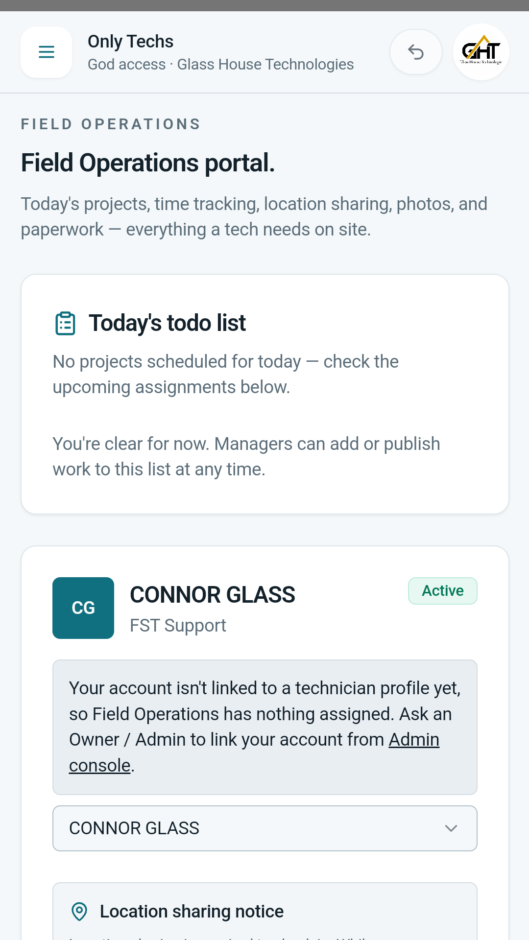OnlyTechs field operations workspace