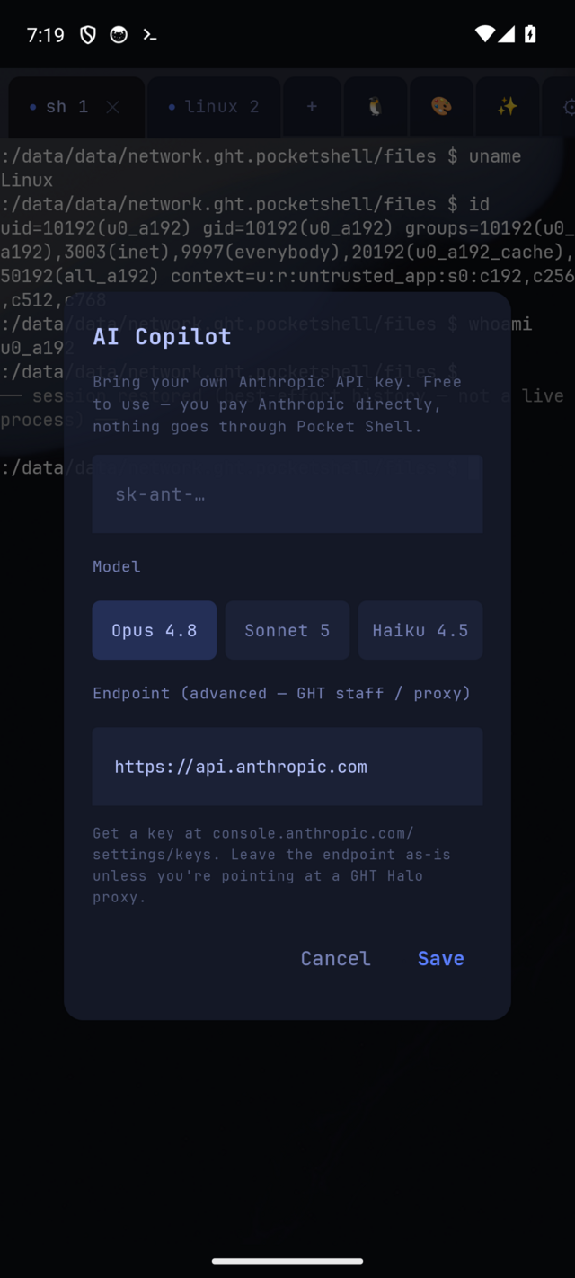 Pocket Shell AI Copilot settings with model picker