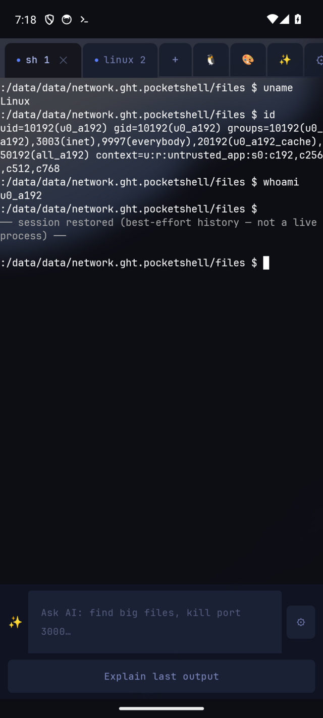 Pocket Shell AI copilot bar with a session-restored terminal