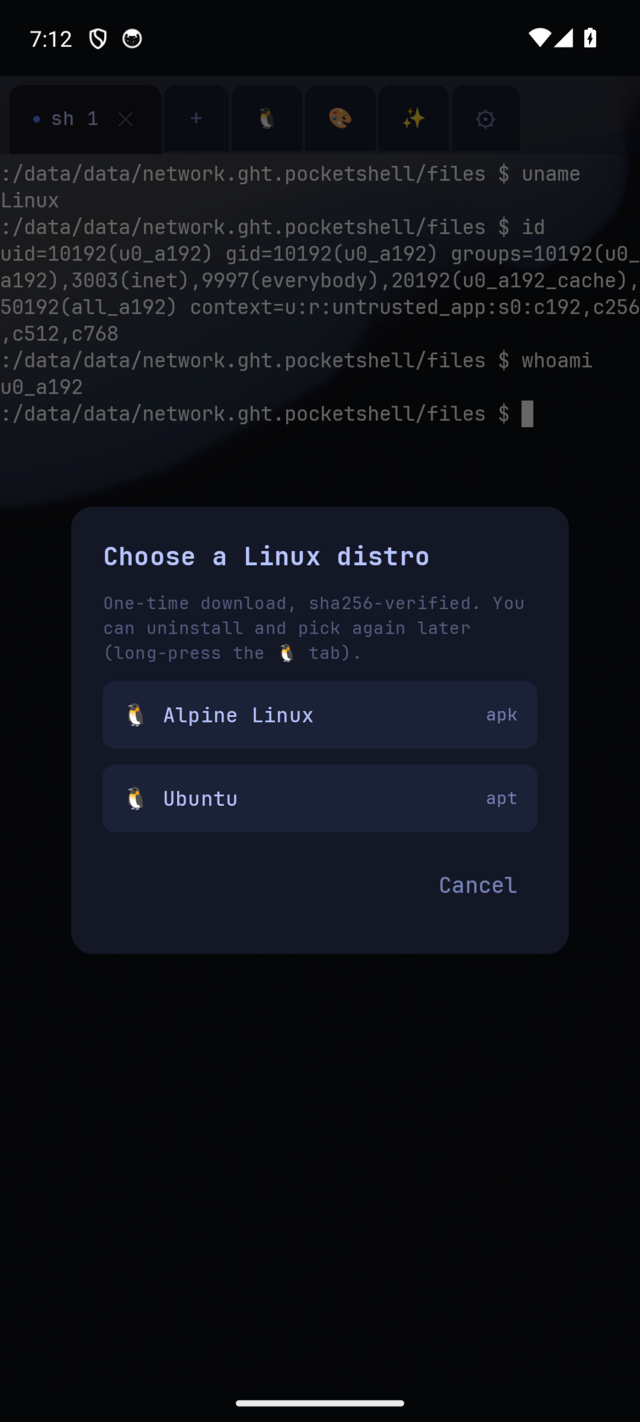 Pocket Shell distro picker offering Alpine Linux or Ubuntu