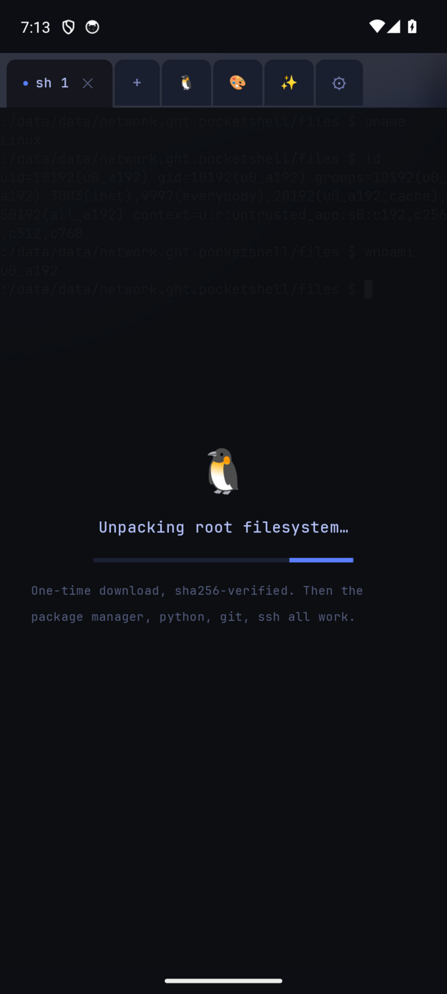 Pocket Shell installing the Alpine Linux userland