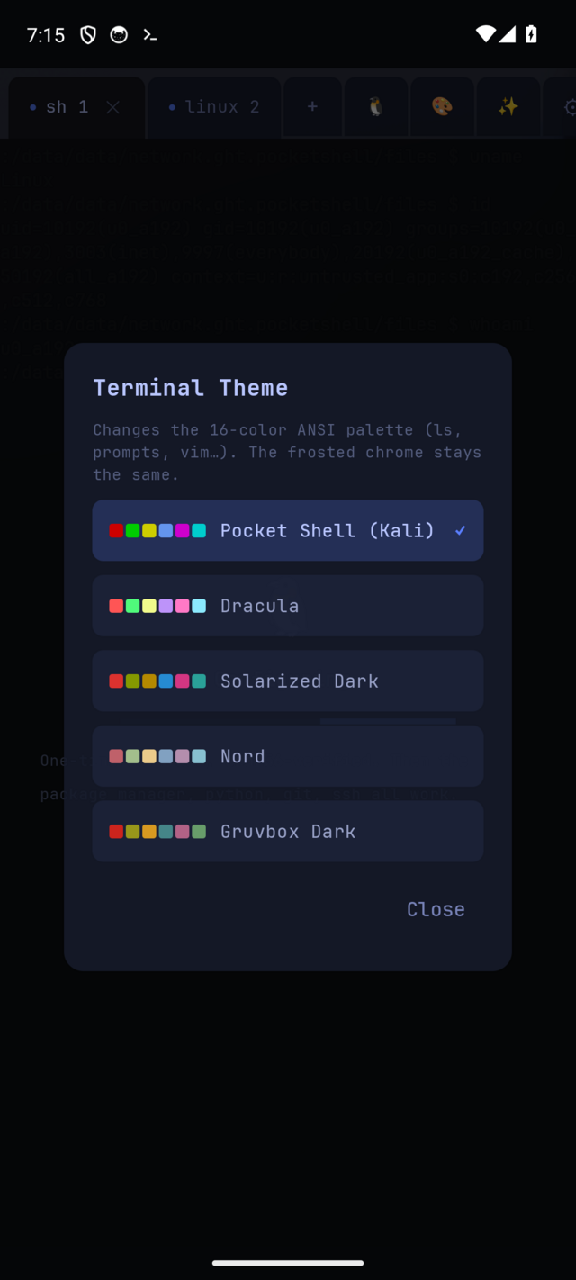 Pocket Shell terminal theme picker with five color palettes
